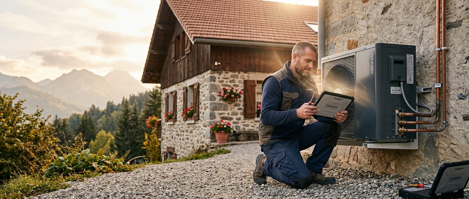 Technicien vérifiant l'installation d'une pompe à chaleur air/eau sur une maison de montagne en Haute-Savoie